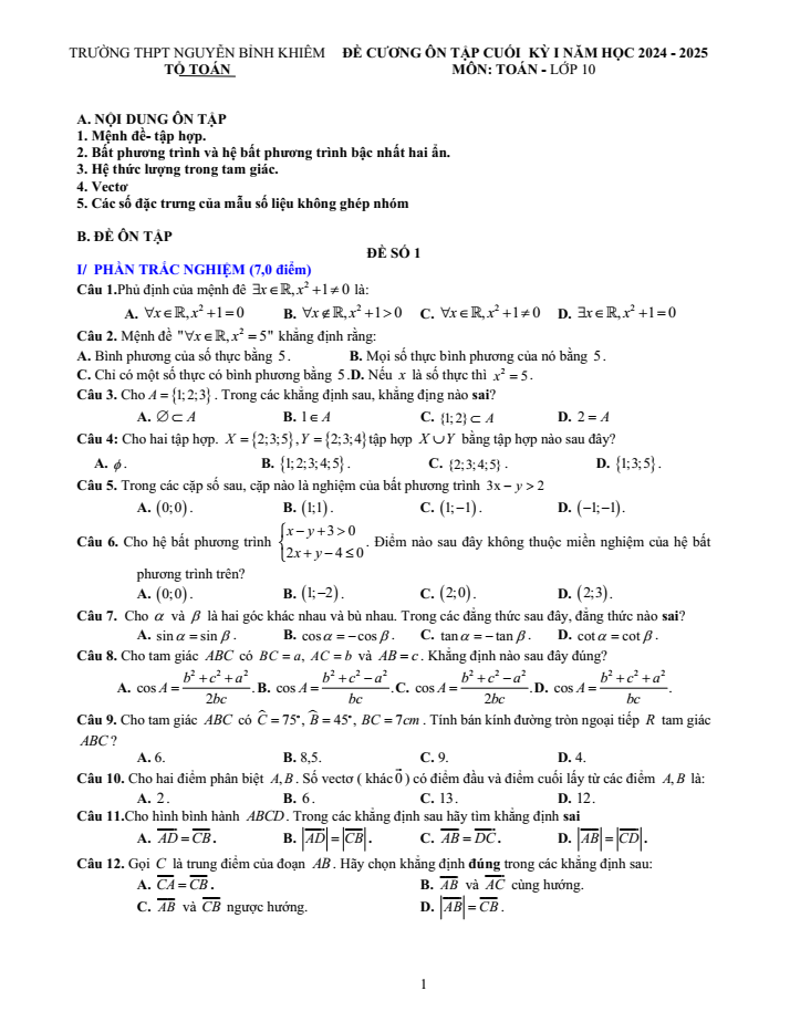 Đề cương ôn tập Học kì 1 Toán 10 trường THPT Nguyễn Bỉnh Khiêm năm 2024-2025