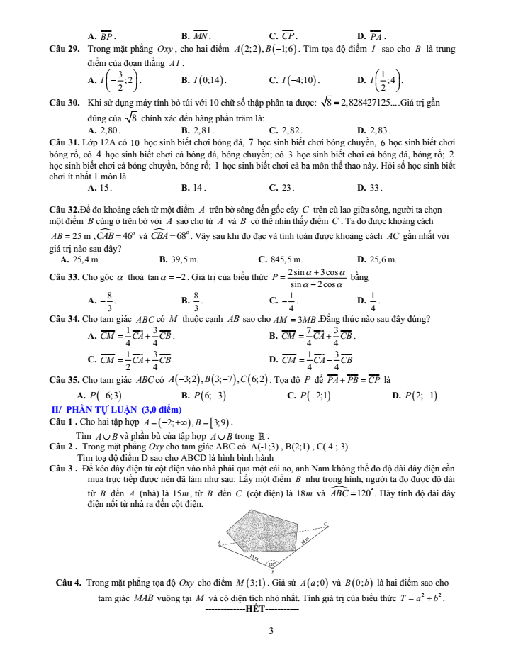Đề cương ôn tập Học kì 1 Toán 10 trường THPT Nguyễn Bỉnh Khiêm năm 2024-2025