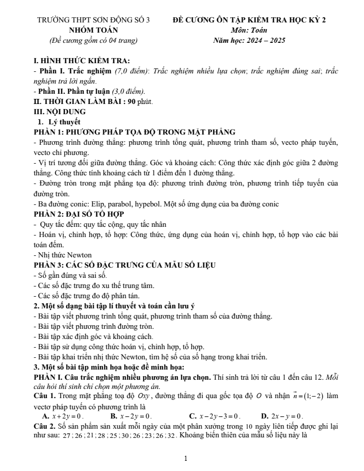 Đề cương ôn tập Học kì 2 Toán 10 trường THPT Sơn Động số 3 năm 2024-2025