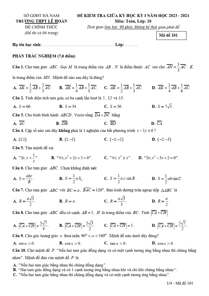 Đề thi Giữa kì 1 Toán 10 năm 2023-2024 trường THPT Lê Hoàn (Hà Nam)