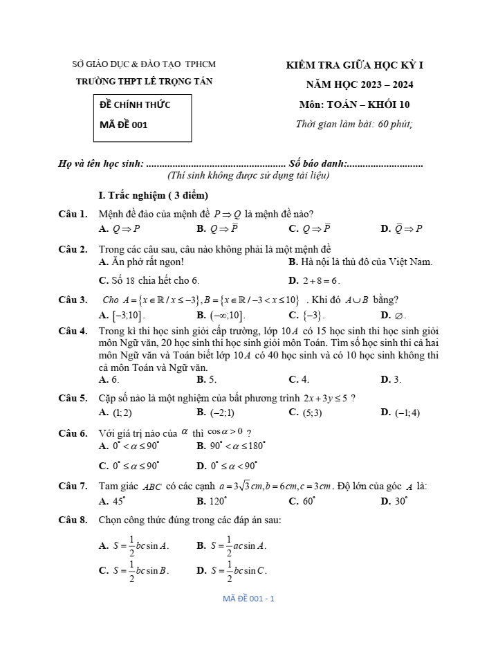Đề thi Giữa kì 1 Toán 10 năm 2023-2024 trường THPT Lê Trọng Tấn (Tp.HCM)