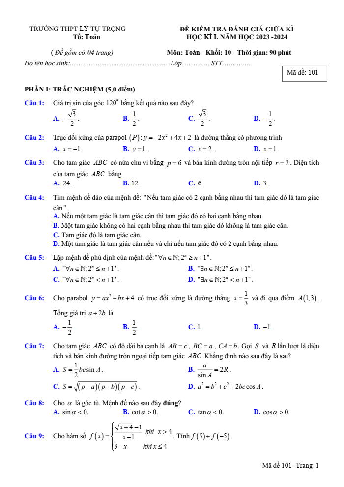 Đề thi Giữa kì 1 Toán 10 năm 2023-2024 trường THPT Lý Tự Trọng (Khánh Hòa)