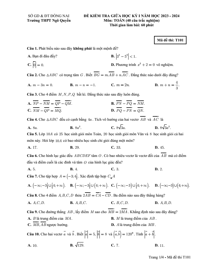 Đề thi Giữa kì 1 Toán 10 năm 2023-2024 trường THPT Ngô Quyền (Đồng Nai)