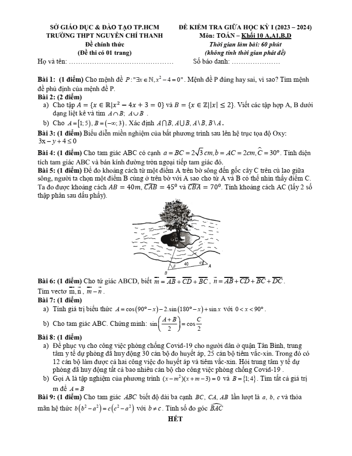 Đề thi Giữa kì 1 Toán 10 năm 2023-2024 trường THPT Nguyễn Chí Thanh (Tp.HCM)