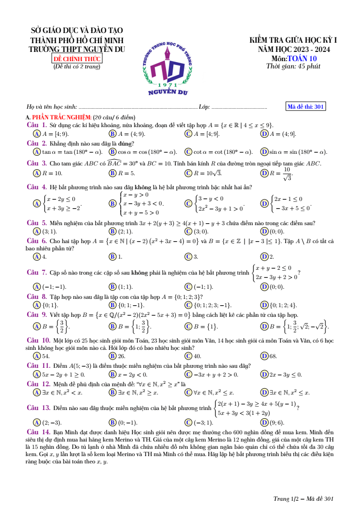 Đề thi Giữa kì 1 Toán 10 năm 2023-2024 trường THPT Nguyễn Du (Tp.HCM)