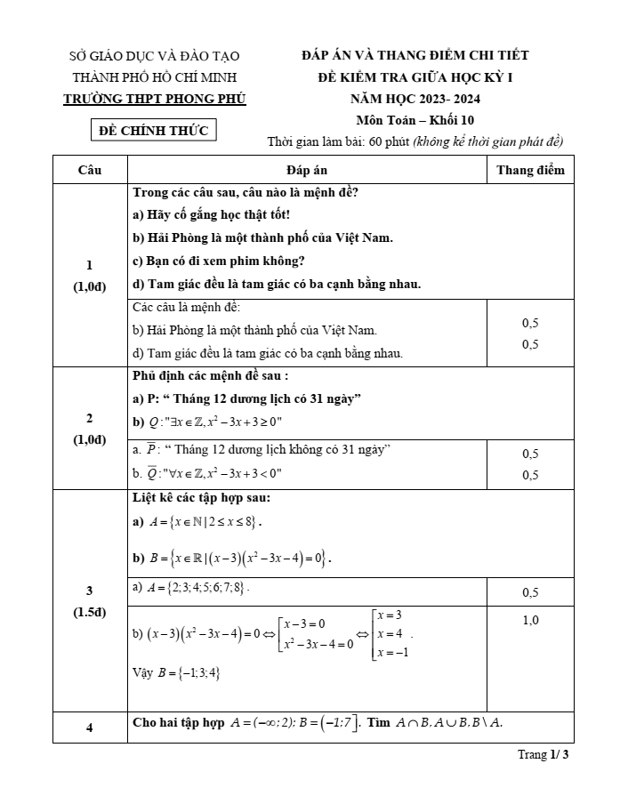 Đề thi Giữa kì 1 Toán 10 năm 2023-2024 trường THPT Phong Phú (Tp.HCM)
