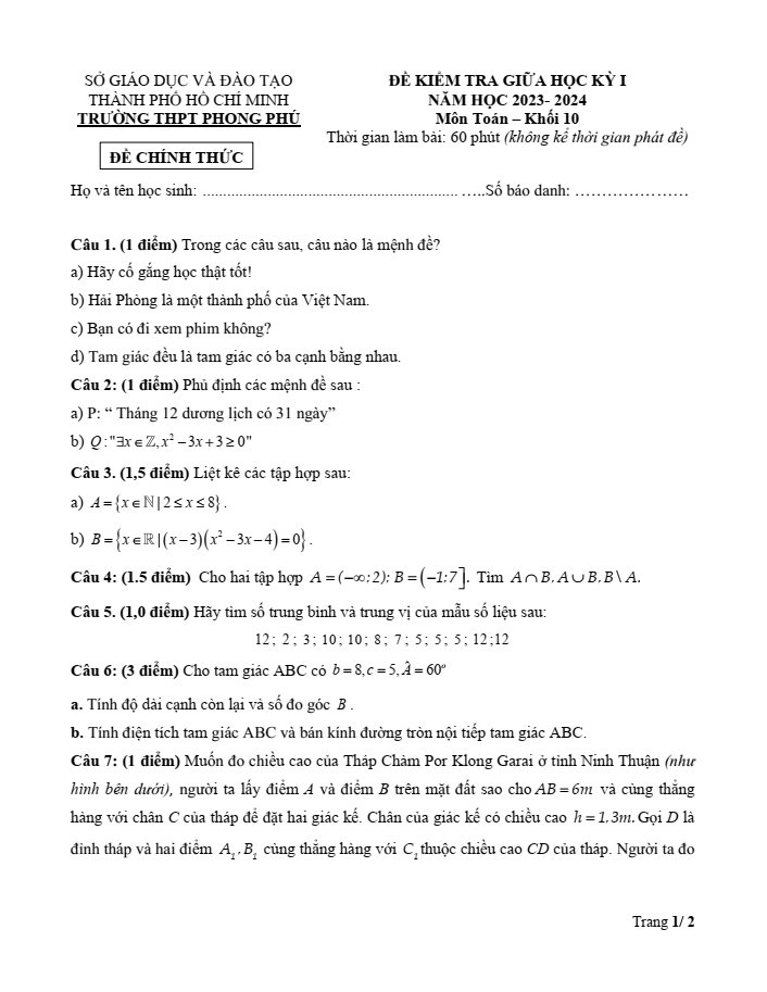 Đề thi Giữa kì 1 Toán 10 năm 2023-2024 trường THPT Phong Phú (Tp.HCM)
