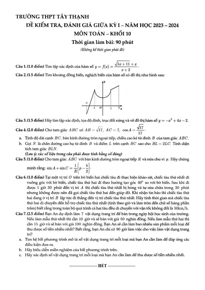 Đề thi Giữa kì 1 Toán 10 năm 2023-2024 trường THPT Tây Thạnh (Tp.HCM)
