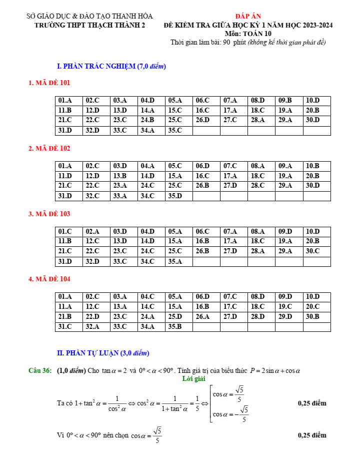 Đề thi Giữa kì 1 Toán 10 năm 2023-2024 trường THPT Thạch Thành 2 (Thanh Hóa)