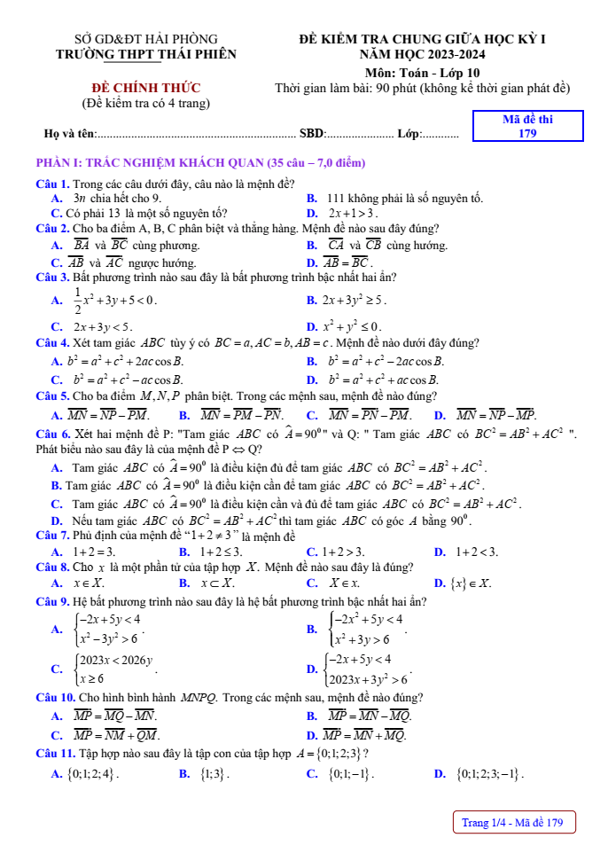 Đề thi Giữa kì 1 Toán 10 năm 2023-2024 trường THPT Thái Phiên (Hải Phòng)