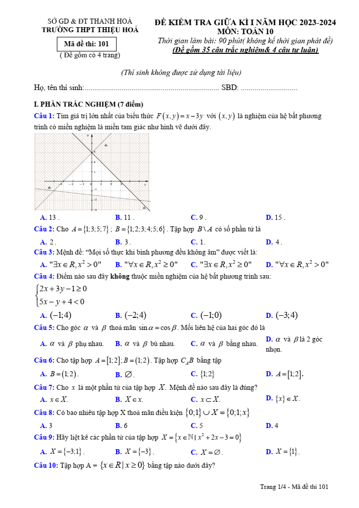Đề thi Giữa kì 1 Toán 10 năm 2023-2024 trường THPT Thiệu Hóa (Thanh Hóa)