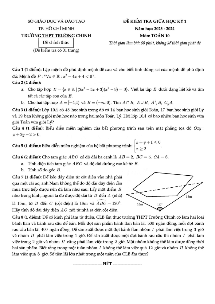 Đề thi Giữa kì 1 Toán 10 năm 2023-2024 trường THPT Trường Chinh (Tp.HCM)