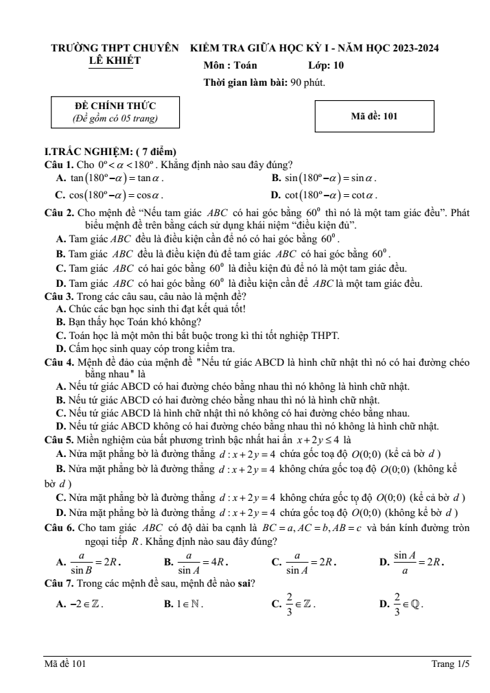 Đề thi Giữa kì 1 Toán 10 năm 2023-2024 trường chuyên Lê Khiết (Quảng Ngãi)