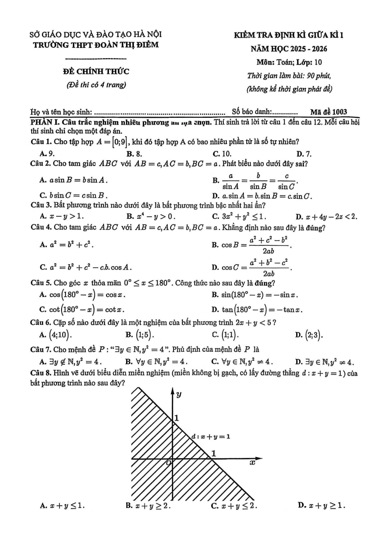 Đề thi Giữa kì 1 Toán 10 THPT Đoàn Thị Điểm năm 2025-2026
