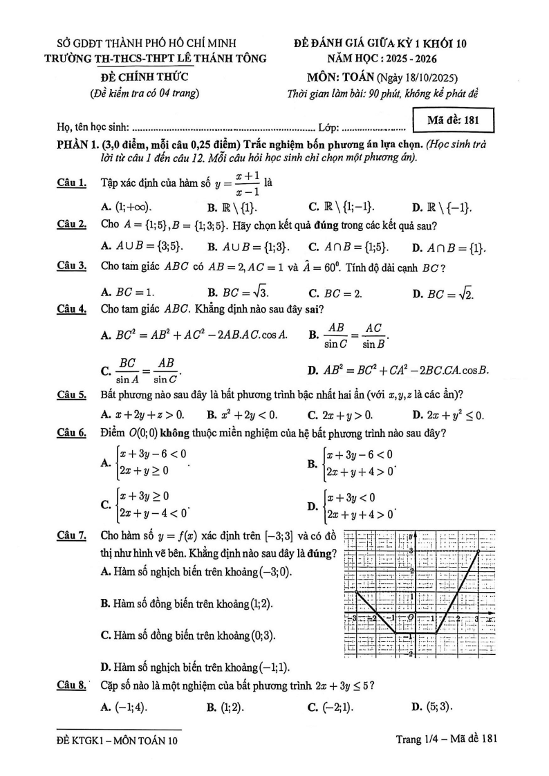Đề thi Giữa kì 1 Toán 10 TH-THCS-THPT Lê Thánh Tông năm 2025-2026