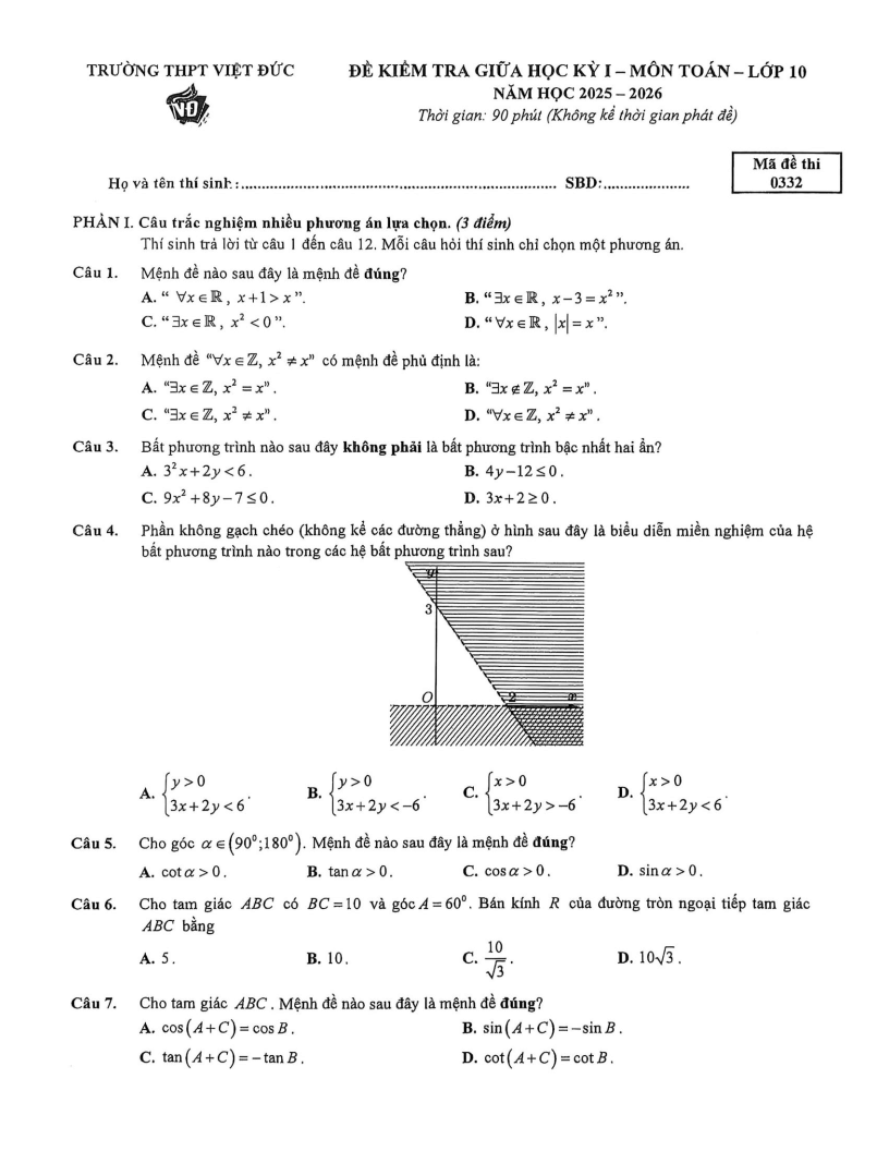 Đề thi Giữa kì 1 Toán 10 THPT Việt Đức năm 2025-2026