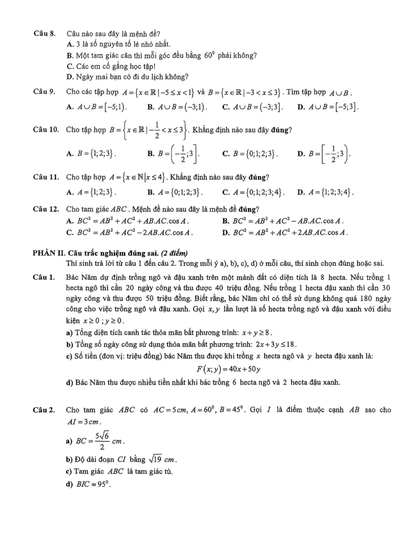 Đề thi Giữa kì 1 Toán 10 THPT Việt Đức năm 2025-2026
