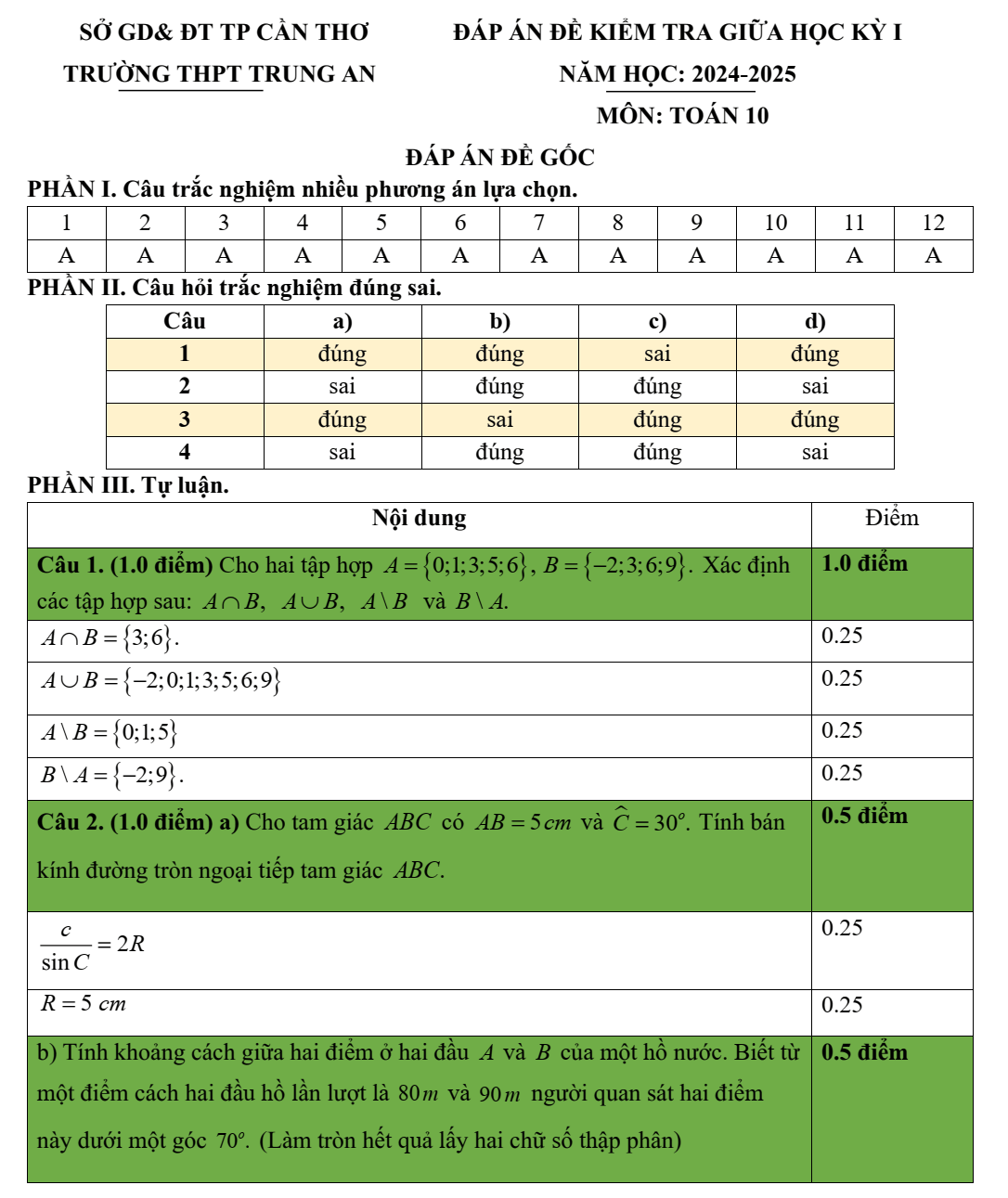 Đề thi Giữa kì 1 Toán 10 năm 2024-2025 trường THPT Trung An (Cần Thơ)