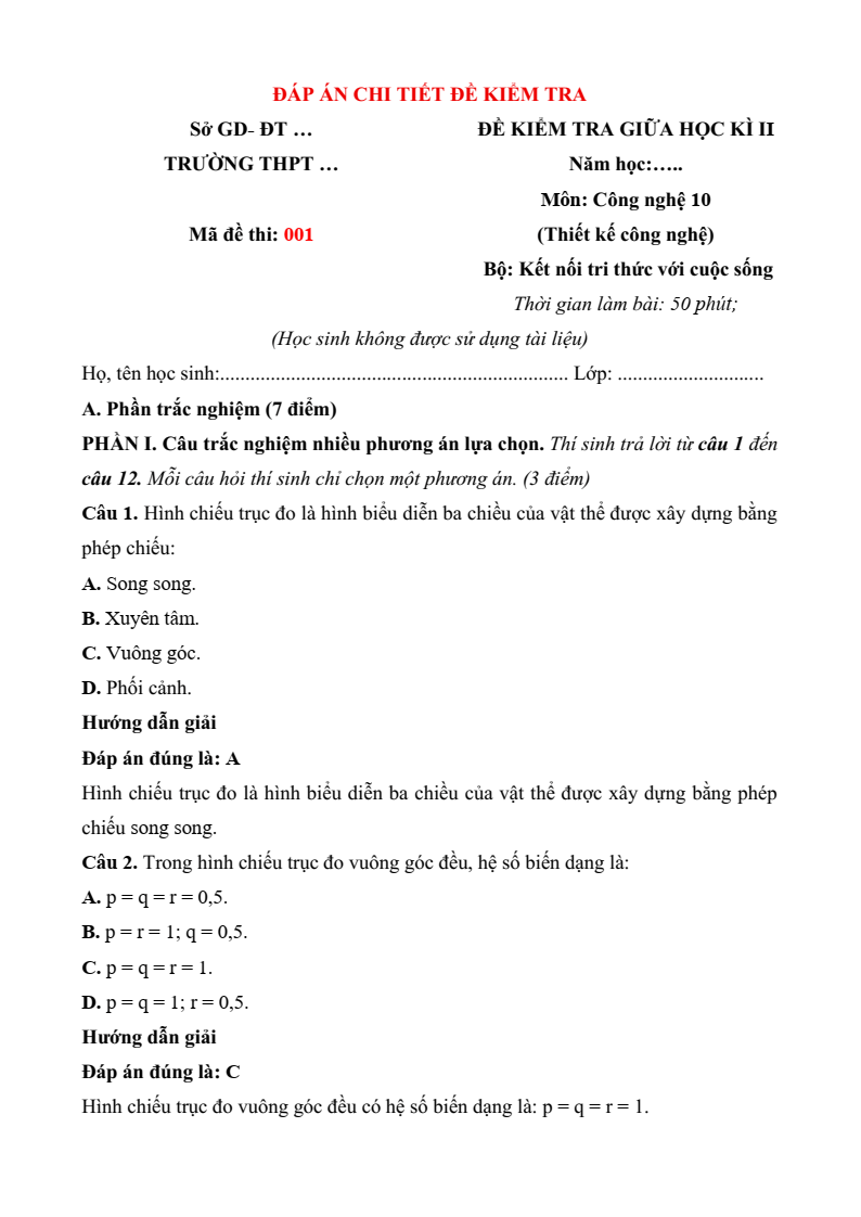 3 Đề thi Giữa kì 2 Thiết kế và công nghệ 10 Kết nối tri thức (có đáp án)