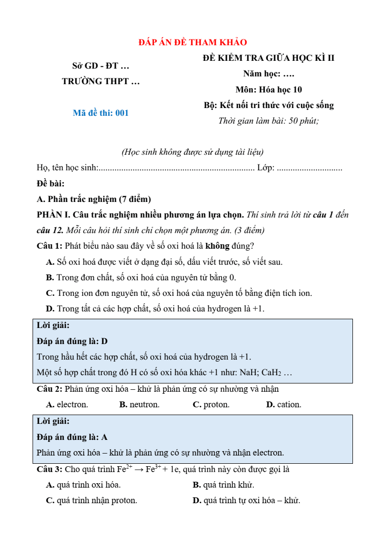 5+ Đề thi Giữa kì 2 Hóa học 10 Kết nối tri thức năm 2026 (có đáp án)