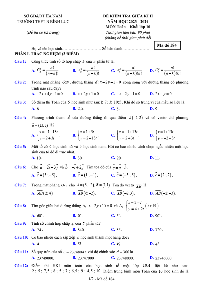 Đề thi Giữa kì 2 Toán 10 năm 2023-2024 trường THPT B Bình Lục (Hà Nam)
