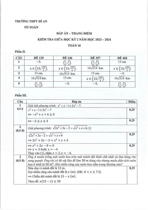 Đề thi Giữa kì 2 Toán 10 năm 2023-2024 trường THPT Dĩ An (Bình Dương)