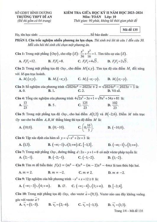Đề thi Giữa kì 2 Toán 10 năm 2023-2024 trường THPT Dĩ An (Bình Dương)