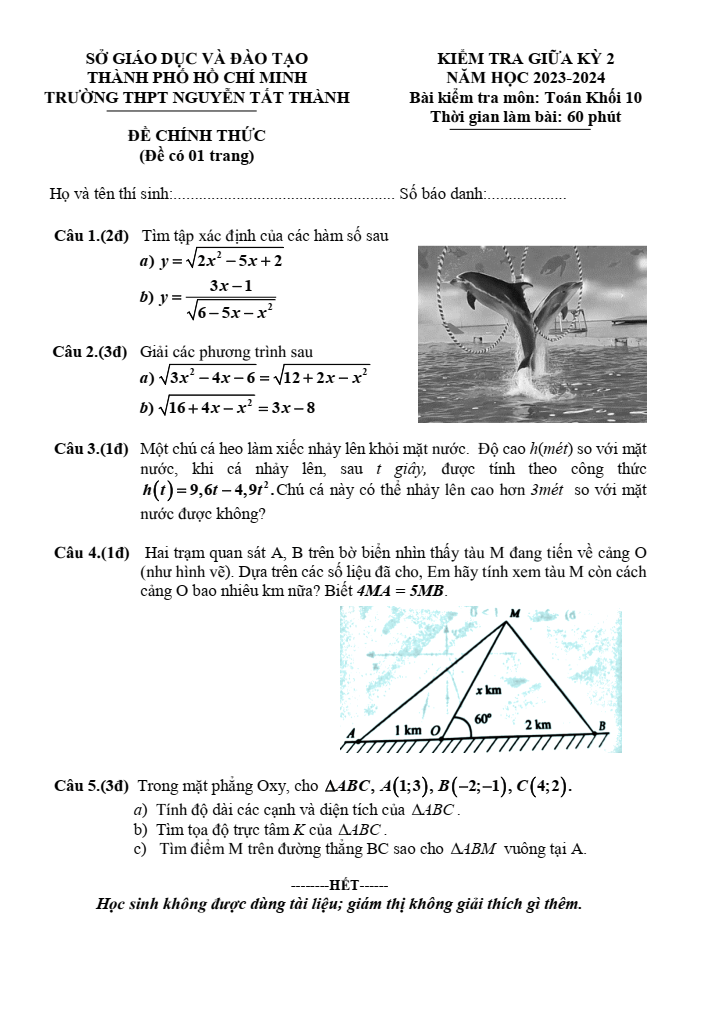 Đề thi Giữa kì 2 Toán 10 năm 2023-2024 trường THPT Nguyễn Tất Thành (Tp.HCM)