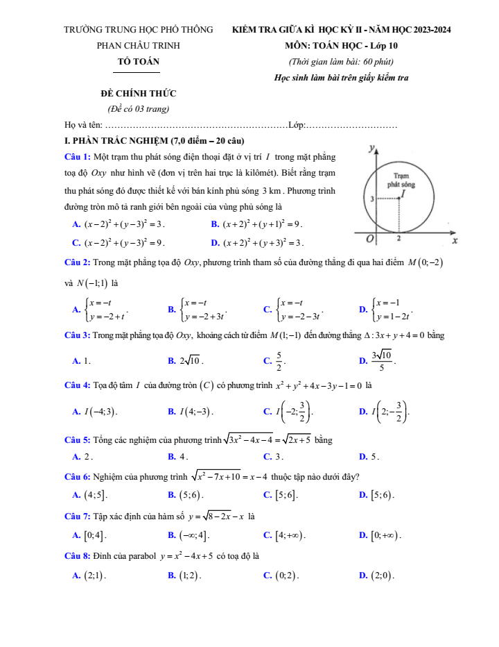 Đề thi Giữa kì 2 Toán 10 năm 2023-2024 trường THPT Phan Châu Trinh (Đà Nẵng)
