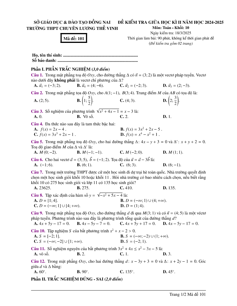 Đề thi Giữa kì 2 Toán 10 trường chuyên Lương Thế Vinh (Đồng Nai) năm 2024-2025