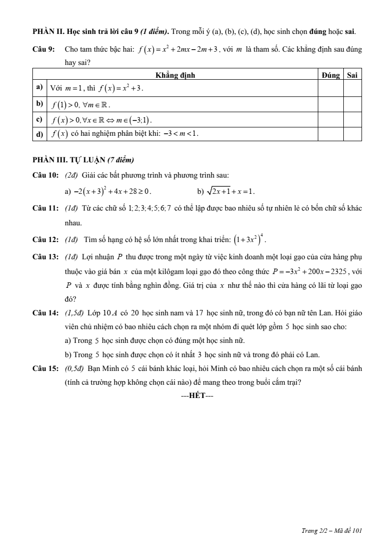 Đề thi Giữa kì 2 Toán 10 trường chuyên Nguyễn Đình Chiểu (Đồng Tháp) năm 2024-2025