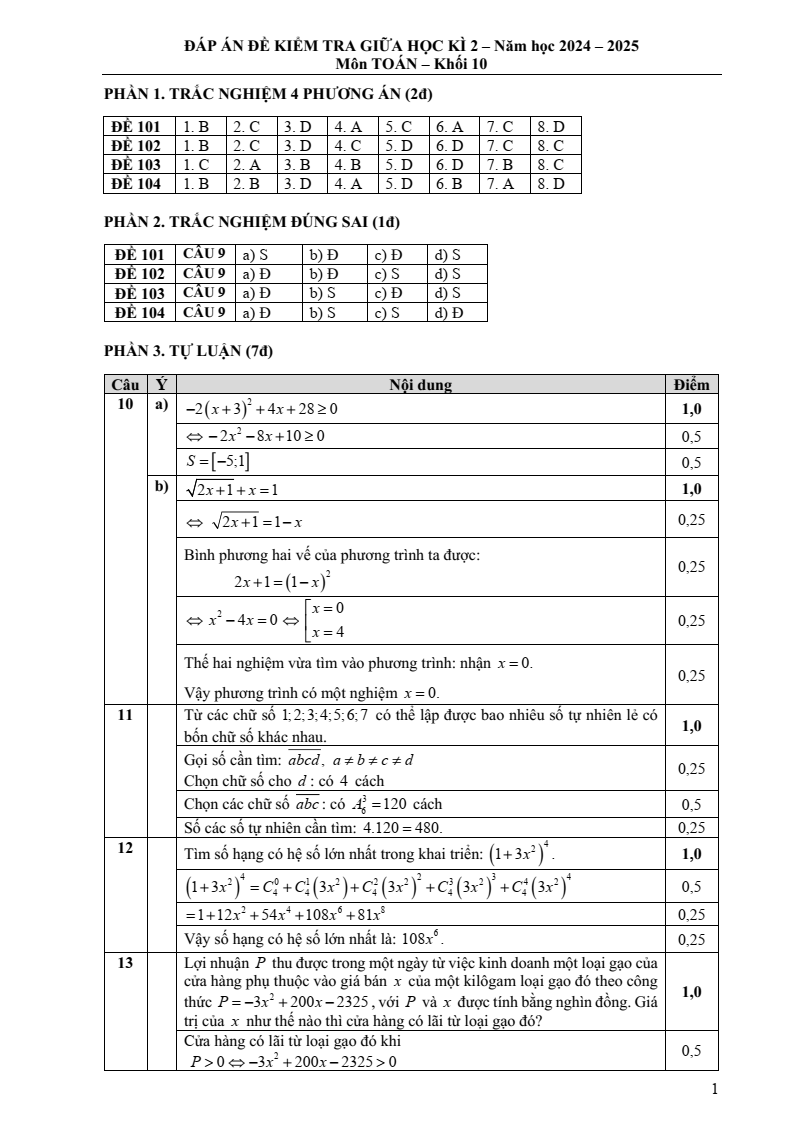 Đề thi Giữa kì 2 Toán 10 trường chuyên Nguyễn Đình Chiểu (Đồng Tháp) năm 2024-2025