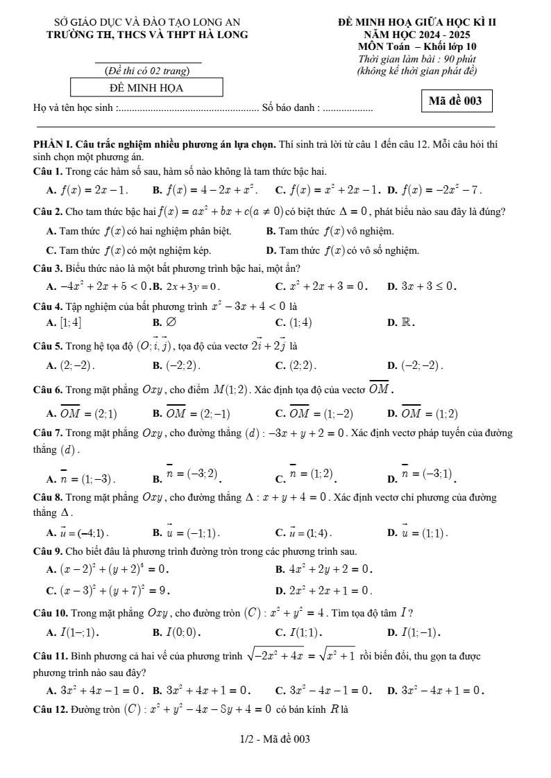 Đề thi Giữa kì 2 Toán 10 trường Hà Long (Long An) năm 2024-2025