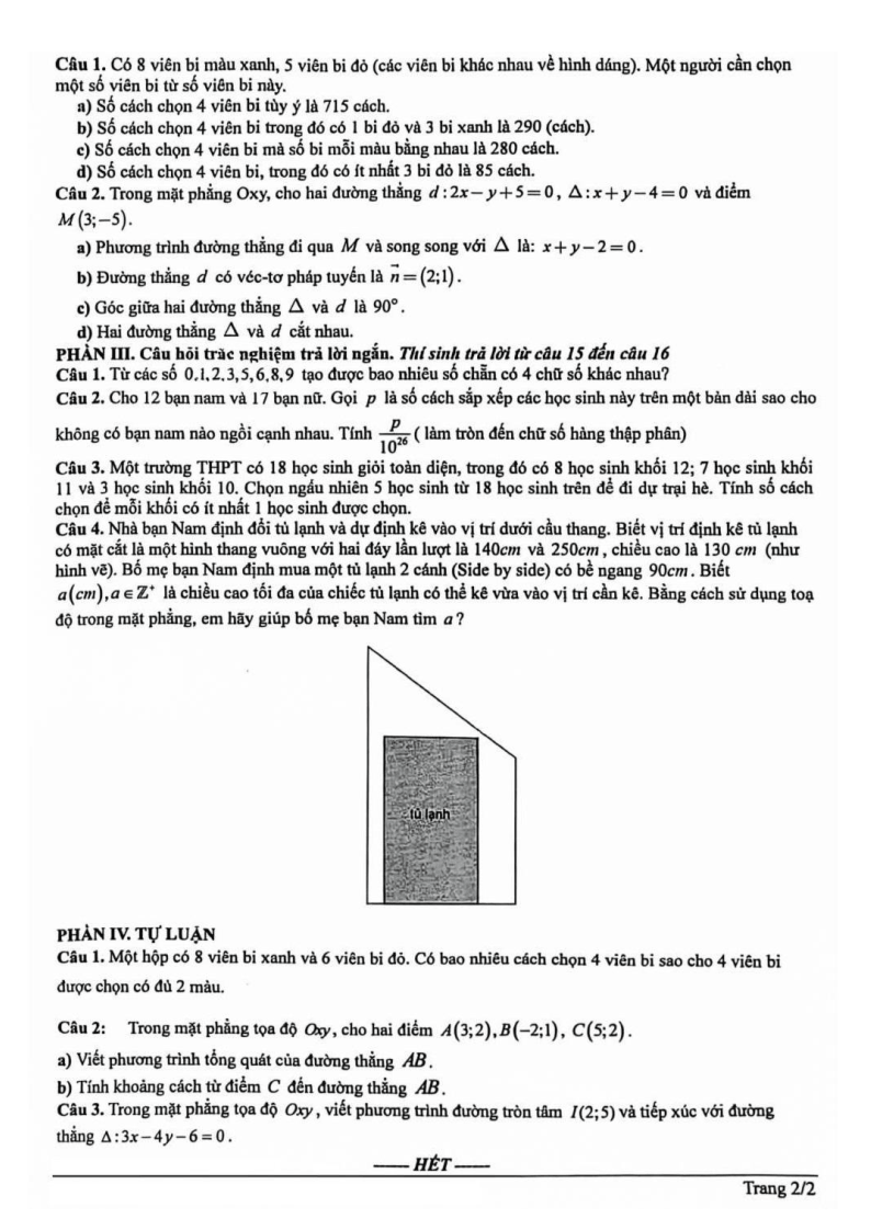 Đề thi Giữa kì 2 Toán 10 trường PTTHSP Tràng An (Ninh Bình) năm 2025-2026