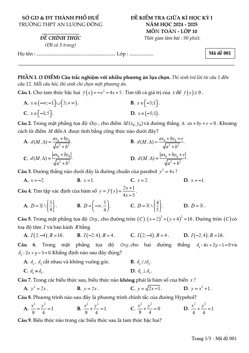 Đề thi Giữa kì 2 Toán 10 trường THPT An Lương Đông (Huế) năm 2024-2025