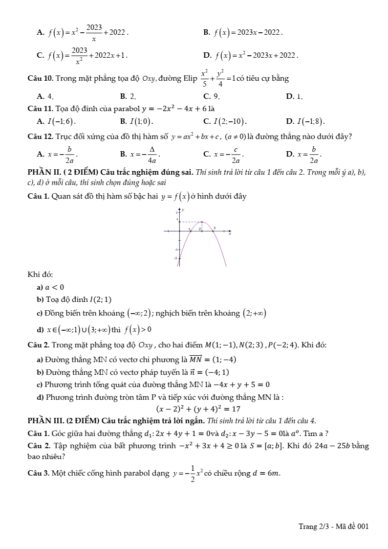 Đề thi Giữa kì 2 Toán 10 trường THPT An Lương Đông (Huế) năm 2024-2025