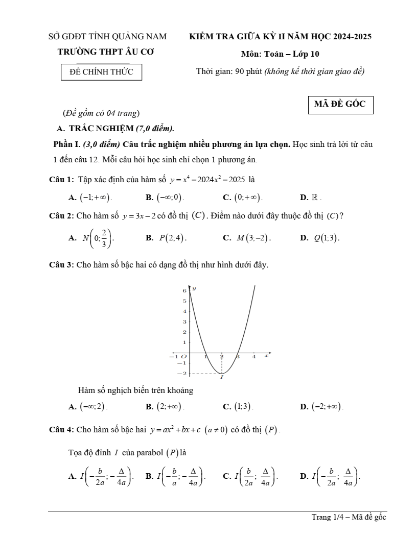 Đề thi Giữa kì 2 Toán 10 trường THPT Âu Cơ (Quảng Nam) năm 2024-2025