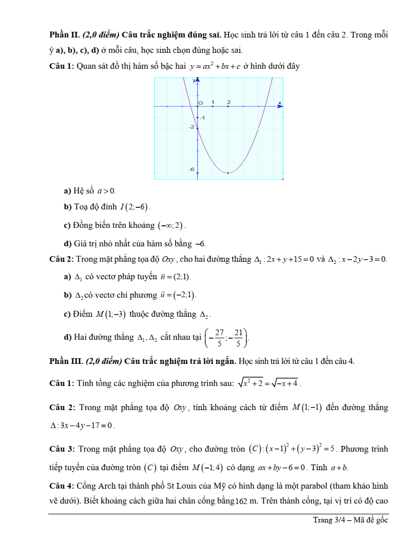 Đề thi Giữa kì 2 Toán 10 trường THPT Âu Cơ (Quảng Nam) năm 2024-2025