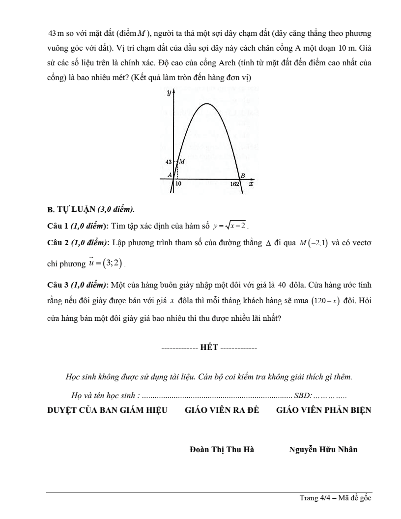 Đề thi Giữa kì 2 Toán 10 trường THPT Âu Cơ (Quảng Nam) năm 2024-2025