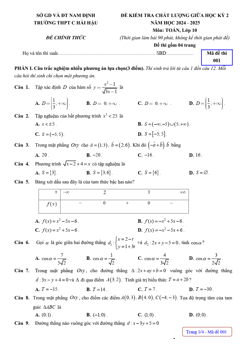 Đề thi Giữa kì 2 Toán 10 trường THPT C Hải Hậu (Nam Định) năm 2024-2025