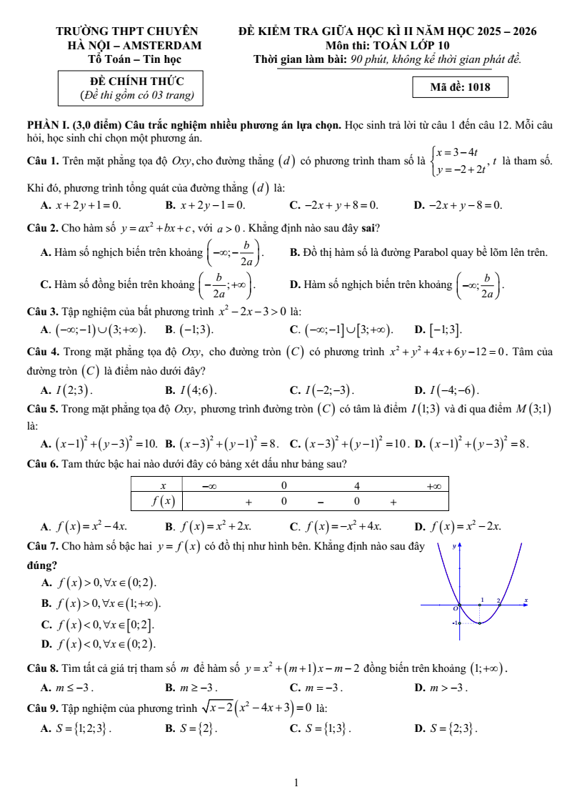 Đề thi Giữa kì 2 Toán 10 trường THPT chuyên Hà Nội – Amsterdam năm 2025-2026