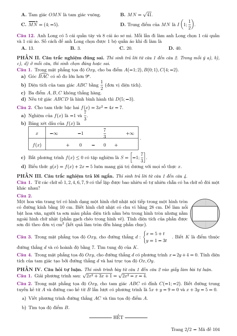 Đề thi Giữa kì 2 Toán 10 trường THPT Chuyên Lương Thế Vinh (Đồng Nai) năm 2025-2026