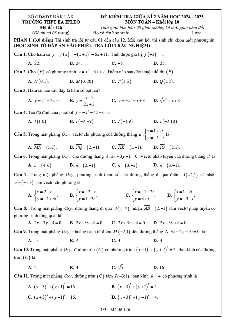 Đề thi Giữa kì 2 Toán 10 trường THPT Ea H’Leo (Đắk Lắk) năm 2024-2025