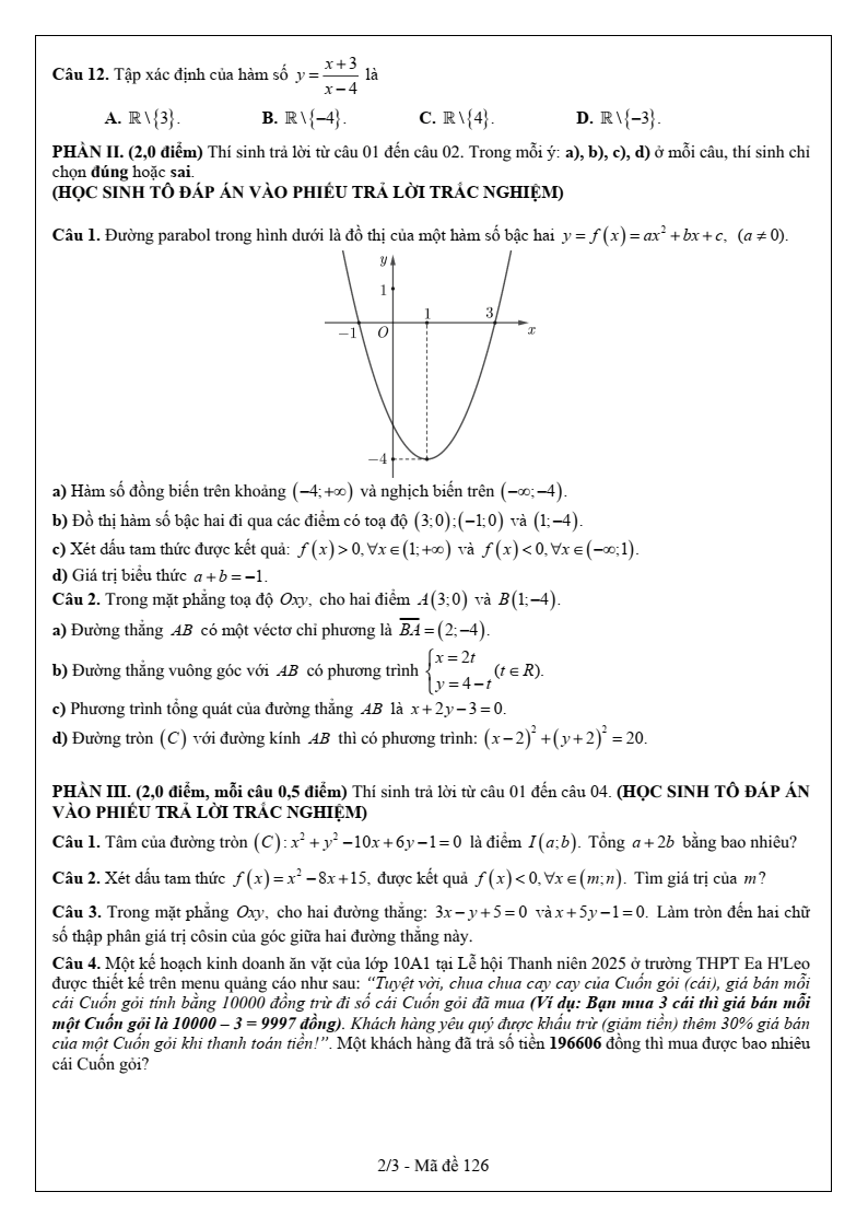 Đề thi Giữa kì 2 Toán 10 trường THPT Ea H’Leo (Đắk Lắk) năm 2024-2025