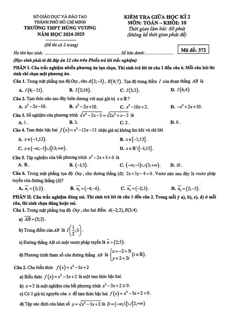 Đề thi Giữa kì 2 Toán 10 trường THPT Hùng Vương (Tp.HCM) năm 2024-2025