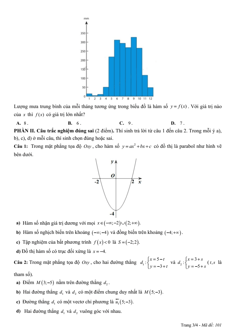 Đề thi Giữa kì 2 Toán 10 trường THPT Hướng Hóa (Quảng Trị) năm 2024-2025