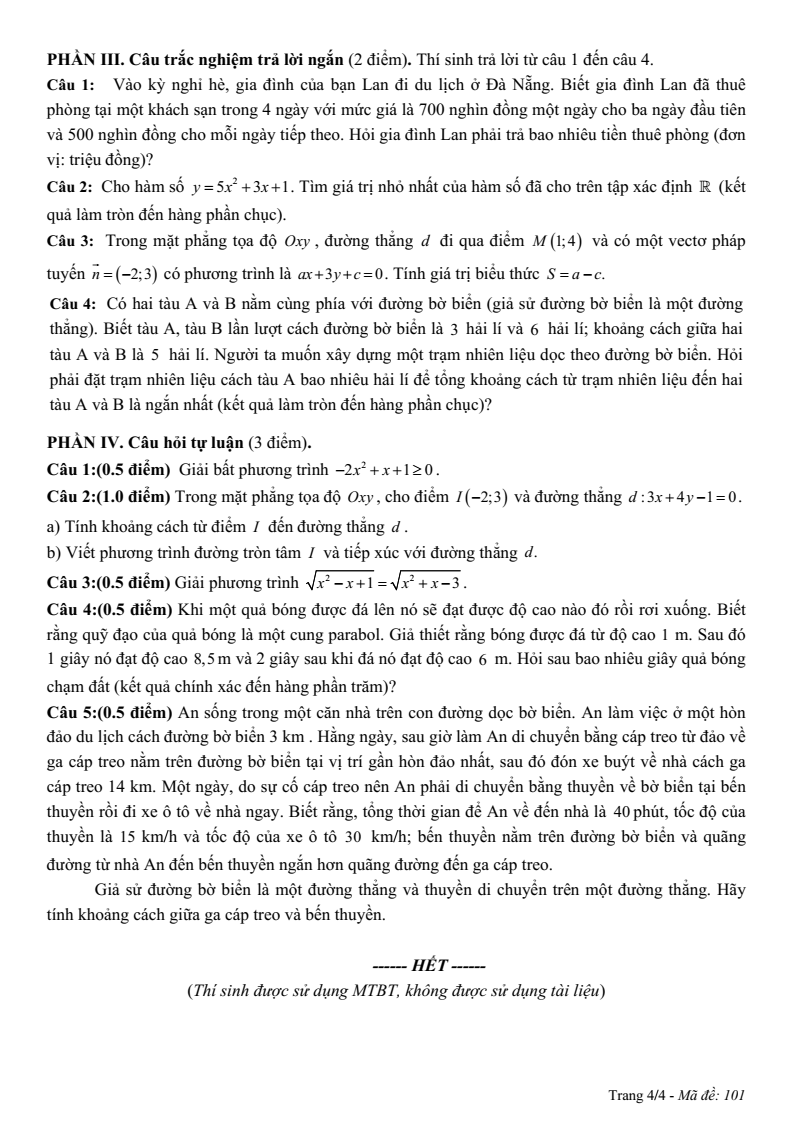 Đề thi Giữa kì 2 Toán 10 trường THPT Hướng Hóa (Quảng Trị) năm 2024-2025