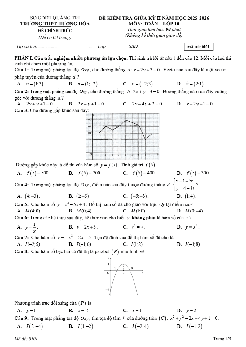 Đề thi Giữa kì 2 Toán 10 trường THPT Hướng Hóa (Quảng Trị) năm 2025-2026