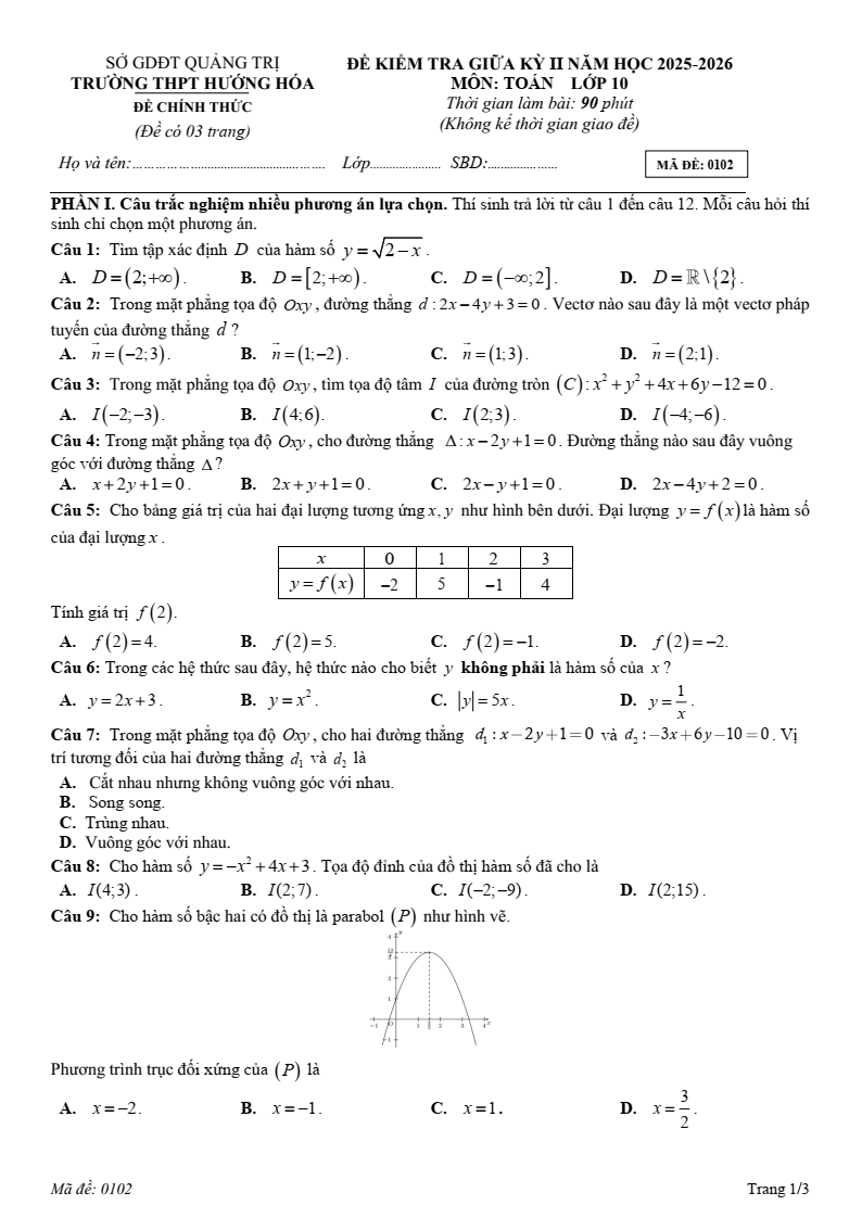 Đề thi Giữa kì 2 Toán 10 trường THPT Hướng Hóa (Quảng Trị) năm 2025-2026