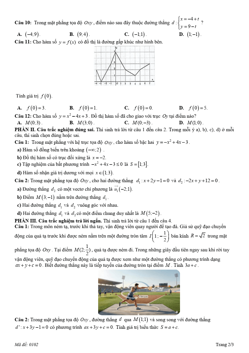 Đề thi Giữa kì 2 Toán 10 trường THPT Hướng Hóa (Quảng Trị) năm 2025-2026